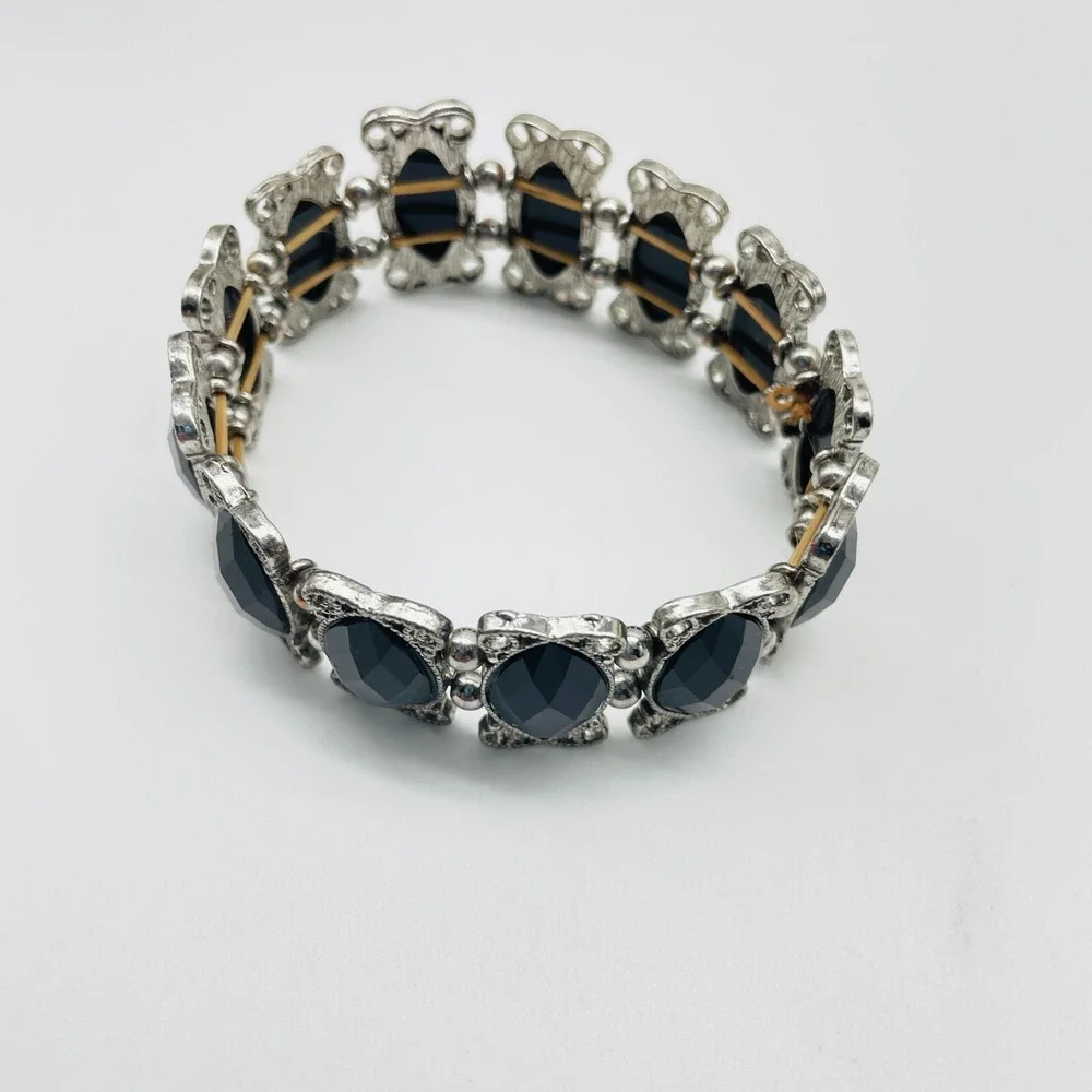 Black Beaded Stretch Bracelet Silver Tone Statement Fashion Costume Jewelry